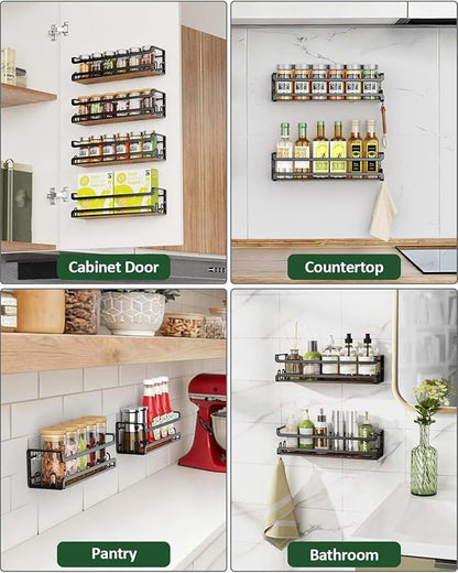 Doakhirmit 4 Pack Wall Mount Spice Rack with 16 Hooks,Hanging Spice Rack Organizer for Stove Cabinet Pantry Door, Screw or Adhesive Wooden Spice Shelf for Kitchen and RV Camper, Black