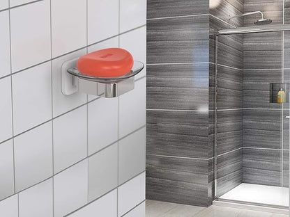 Shower Soap Holder, Wall Mounted Soap Dish, Soap Saver, Soap Tray, Bar Soap Holder for Shower Bathroom & Kitchen Accessories (White + Chrome, 4.49 x 4.33 in)