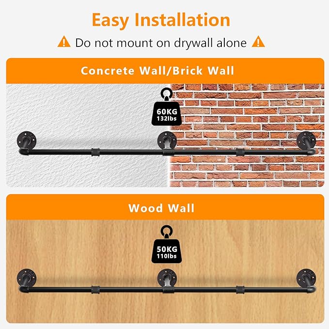 Aduanbang 64.9in Industrial Pipe Wall Mounted Clothes Rack, Heavy Duty Detachable Iron Garment Bar, Rustic Space-Saving Hanging Rod for Bedroom, Closet – Black