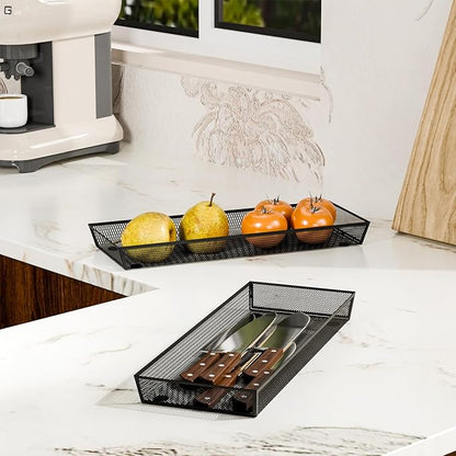 BYCY Silverware Drawer Organizer, Mesh Utensil Organizer for Kitchen Storage, Black Steel Metal Mesh Tray for Flatware Fork Spoon Knife… (15 * 6-4P-Black)