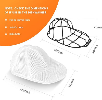 XQXA Hat Washer Cage with Mesh Bag - Baseball Cap Cleaner for Dishwasher & Washing Machine | Adult/Kids Hat Protector | 2-Pack (Black)