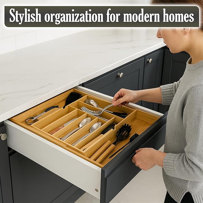9-Slots Bamboo Drawer Organizers for Kitchen, Expandable Silverware Drawer Organizer, Multipurpose Utensil Organizer for Kitchen Drawers, Large Cutlery Drawer Organizer for Spoons, Forks & Knives