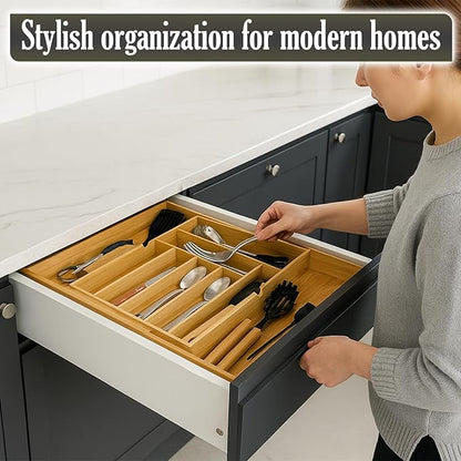 9-Slots Bamboo Drawer Organizers for Kitchen, Expandable Silverware Drawer Organizer, Multipurpose Utensil Organizer for Kitchen Drawers, Large Cutlery Drawer Organizer for Spoons, Forks & Knives