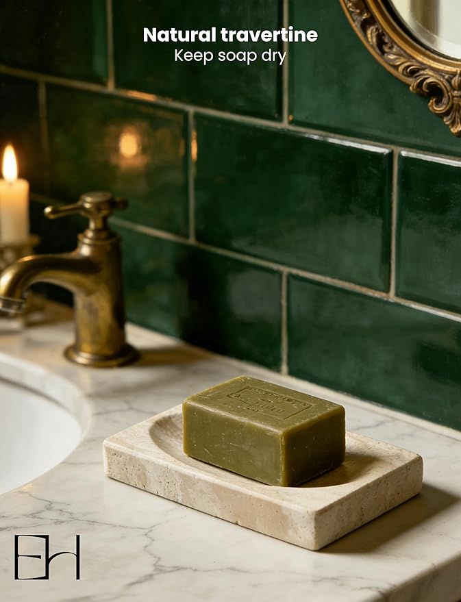 Marble Soap Dish for Shower - Stone Soap Tray Holder, Natural Soap Bar Holder Countertop Caddy, Marble Bathroom Accessories (Beige Travertine)