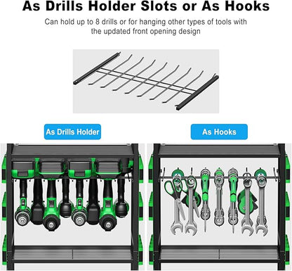 JUNNUJ Large Power Tool Organizer Cart with Charging Station, Garage Floor Standing Rolling Drill and Tools Battery Storage Cart on Wheels, Heavy Duty Rack Shelf with 8 Outlet 10 FT Power Strip, Green