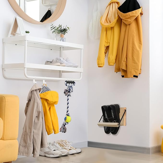Mifoci 2 Pcs Wall Mounted Shoe Rack Organizer Wooden Modern Compact Wall Space Saving Shoe Holder Storage for Sneaker Footwear Slipper Boots Entryway Narrow Spaces Hallway(9.84'' Long)