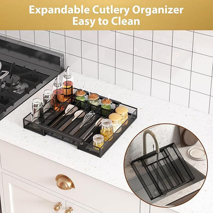 Sedegn Silverware Organizer Metal Mesh, Drawer Organizer, Utensil Cutlery Tray for kitchen drawers,Expandable Flatware Organizer with 7 Compartment Black 9.6"~16.1" x 13.8"