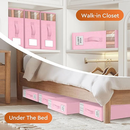 StorageTastic 6 Pack Bed Sheet Closet Organizers and Storage,Sturdy Foldable Storage Containers with Window and Label,Storage and Organization for Bedding Sheets,Duvet Covers,Blankets (Pink)