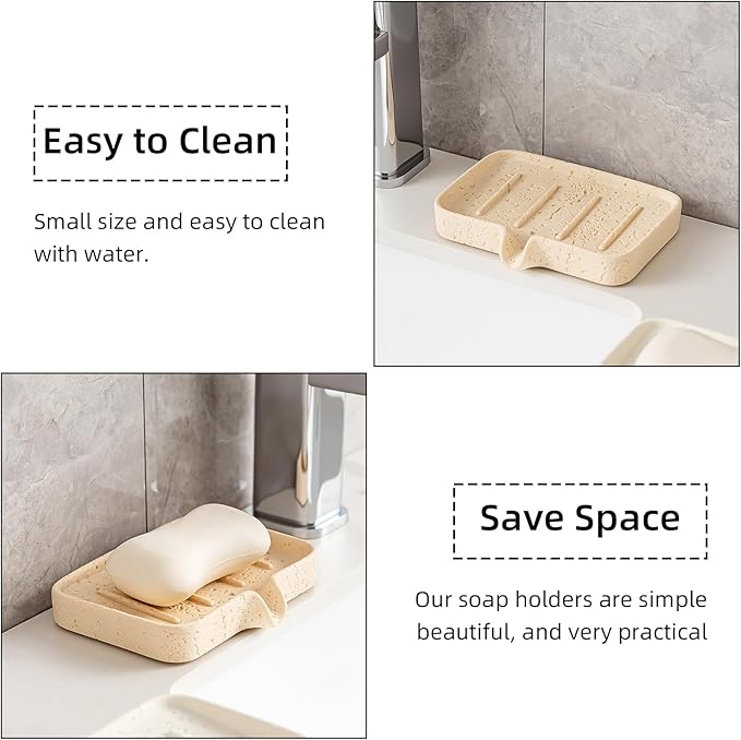 Soap Dish Self Draining Bar Soap Holder Travertine Stone Look Sponge Holders Tray for Shower Bathroom Kitchen Bathtub,Perfect for Dispenser,Scrubber,Bottle,Cup on Sink or Counter (Yellow)