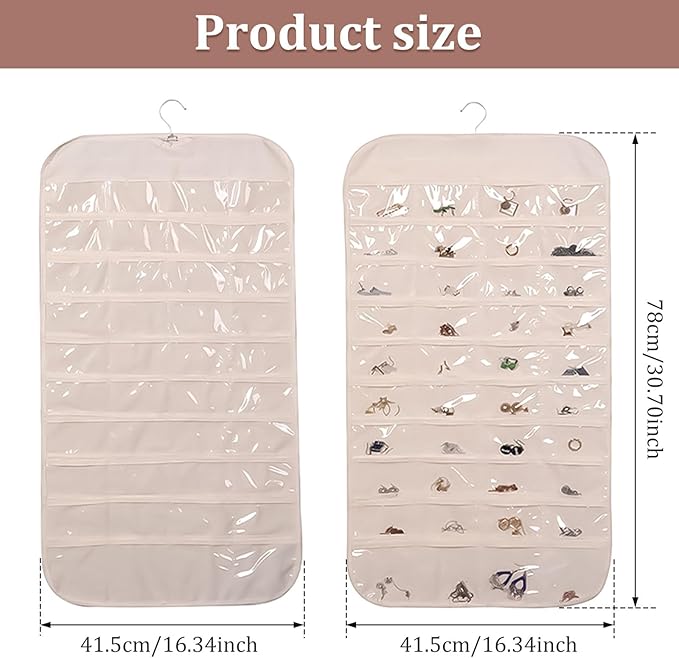 Hanging Jewelry Organizer Double Sided Necklace Storage Holder with 80 Clear Pockets Portable Necklace Holder Jewelry Bag for Earrings Necklace Bracelet (Beige 1PC)