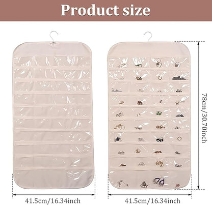 Hanging Jewelry Organizer Double Sided Necklace Storage Holder with 80 Clear Pockets Portable Necklace Holder Jewelry Bag for Earrings Necklace Bracelet (Beige 1PC)