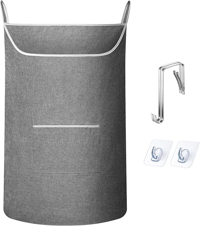 SAVERHO X-Large Hanging Laundry Hamper Bag, Door Hanging Hamper with Front Pocket Dirty Clothes Hanging Laundry Bag Large Size 35X22 inch Door Laundry Basket (Grey)