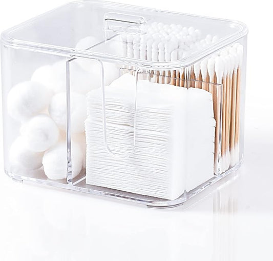 YOHOM Clear cotton ball and swab holder organizer with lid Bathroom Qtips Storage Container Box Plastic Cotton Round Pads Dispenser