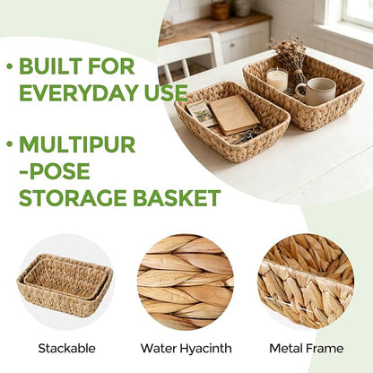 2 Pack Small Wicker Storage Baskets, Water Hyacinth Basket for Organizing Shelves, Natural Woven Storage Baskets for Snack, Gift