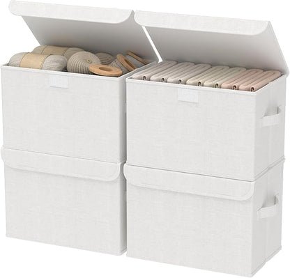 Fabric Storage Bin with Lid, Closet Boxes with Cover, Collapsible Stackable Organizer Basket with 2 Handles, for Home and Bedroom, 4 Pack, White, 10.2 x 7.9 x 6.7 In, XSNY12WS-4