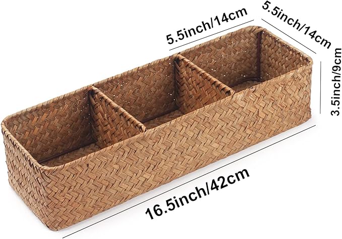 Seagrass Tank Basket for Toilet Paper 3 Sections Woven Storage Basket with Large Compartment Natural (16.5inch x 5.5inch x 3.5inch)