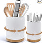 2 Pack Ceramic Utensil Holder, 7.3"+5.4" Large kitchen utensils holder for Countertop, 360° Rotating Cooking Utensil Crock for Kitchen Counter with Detachable Wooden Base, Kitchen Décor