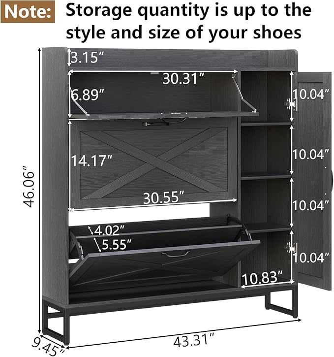 Gyfimoie Shoe Storage Cabinet with 2 Flip Drawers, Freestanding Shoe Cabinet Organizer with Storage Shelf, Shoe Rack with Adjustable Side Cabinet, Narrow Farmhouse Shoe Cabinet for Entryway (Black)