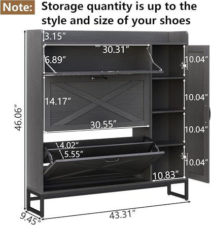 Gyfimoie Shoe Storage Cabinet with 2 Flip Drawers, Freestanding Shoe Cabinet Organizer with Storage Shelf, Shoe Rack with Adjustable Side Cabinet, Narrow Farmhouse Shoe Cabinet for Entryway (Black)