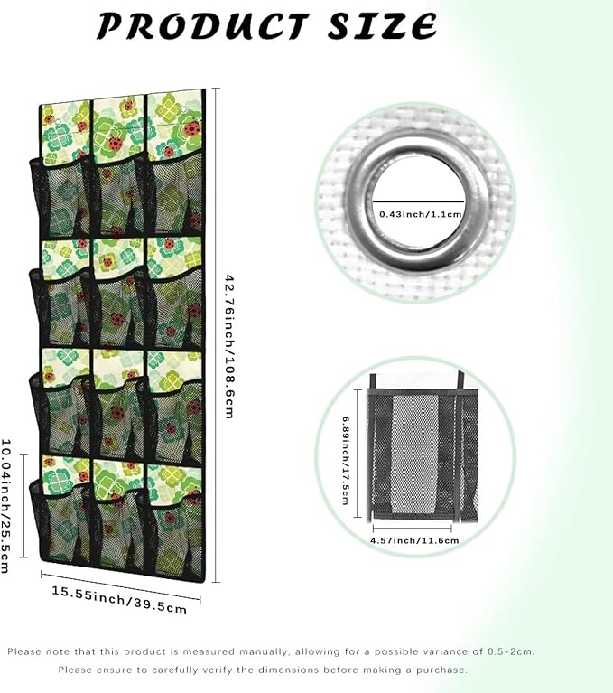 Versatile 12-Pocket Behind The Door Hanging Organizer, Made of Oxford Cloth, Waterproof Foldable and Perfect for Bathroom Bedroom Closet Storage, Lucky Leaf Ladybug