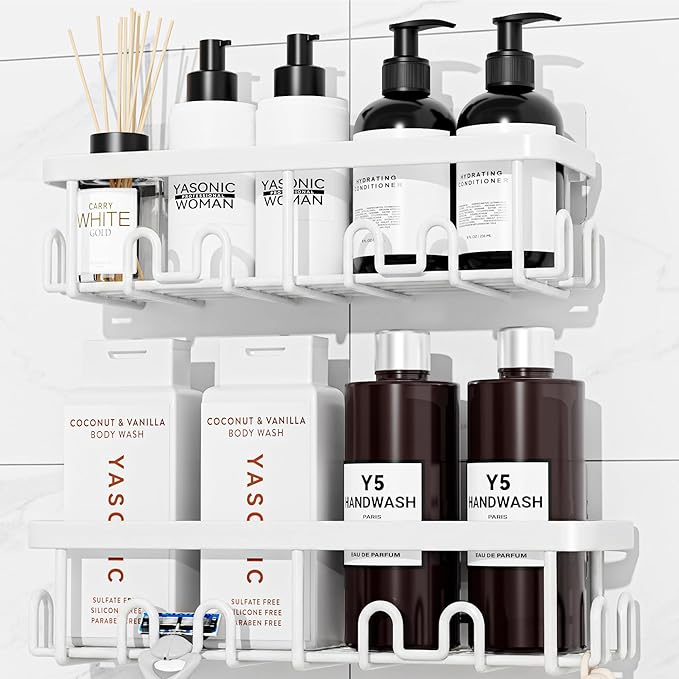 YASONIC Shower Caddy Adhesive 2-Pack, Rustproof Shower Organizer with Holder, No-Drill Shower Shelves for Inside the Shower, Large-Capacity Bathroom Organizers and Storage for Dorms & Renters, White