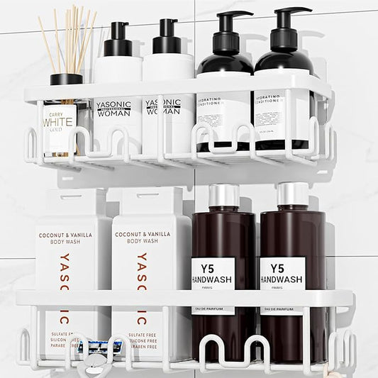 YASONIC Shower Caddy Adhesive 2-Pack, Rustproof Shower Organizer with Holder, No-Drill Shower Shelves for Inside the Shower, Large-Capacity Bathroom Organizers and Storage for Dorms & Renters, White