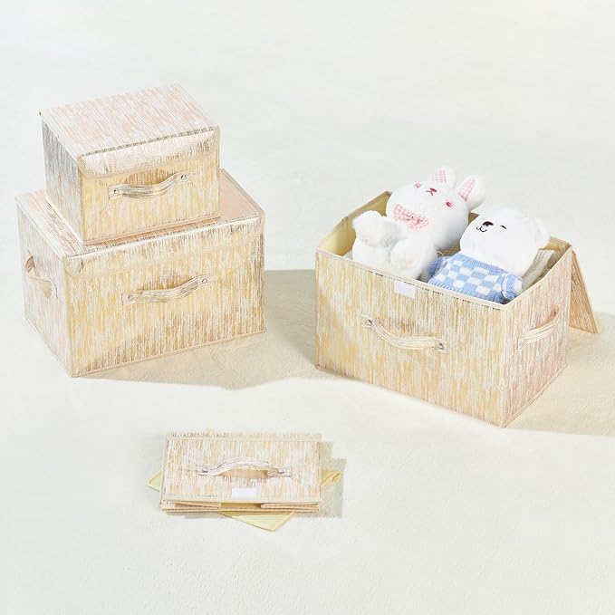 2PCS Decorative Storage Boxes with Lid Luxury Metallic Fabric Storage Bins Organizer Container Collapsible Shelf Basket with Handles for Home Bedroom Closet Office (Gold, Small Size)
