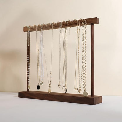 Medium necklace hanger shelf with 12 copper bars, Wooden jewelry storage organizer rack for hanger necklace bracelet, necklace display stand for boutique store【Walnut】