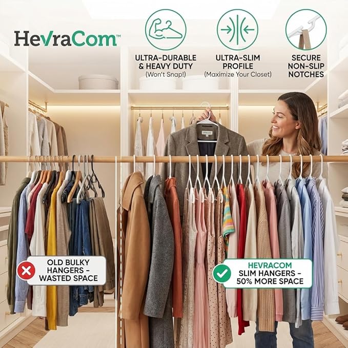 HevraCom White Plastic Hangers 50 Pack - Strong & Durable Non Slip Clothes Hangers for Closet, Space Saving Coat and Pant Hanger with Shoulder Grooves, Clipless Design