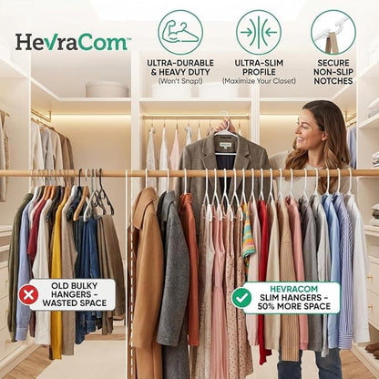 HevraCom White Plastic Hangers 50 Pack - Strong & Durable Non Slip Clothes Hangers for Closet, Space Saving Coat and Pant Hanger with Shoulder Grooves, Clipless Design