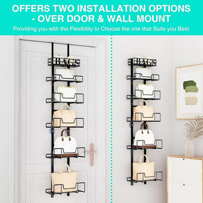 HapiRm Over Door Purse Organizer - Adjustable Purse Storage Rack with Bags Design Metal Basket, Wall Mounted Handbag Organizer, Hanging Handbag Holder, Can Use As 1/2 Part Detachable
