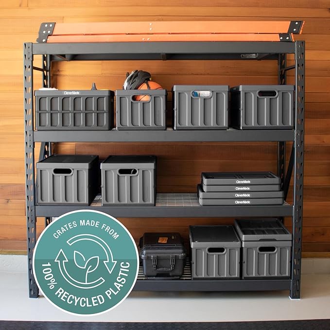 CleverMade Collapsible Storage Bins with Lids, 62L – Heavy Duty Foldable Plastic Storage Crates for Garage, Closet & Trunk Organization - Stone