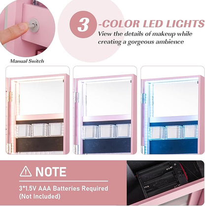 Multigot 3-Color LED Lights Jewellery Cabinet, 3-in-1 360° Swivel Jewelry Armoire with Full-Length Mirror, Lockable Cosmetic Storage Organizer for Dressing Room Living Room Bedroom (Pink)