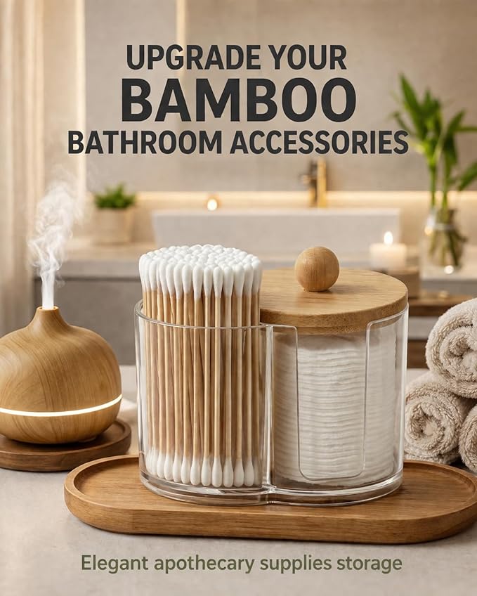 2-in-1 Cotton Round Holder & Cotton Swab Holder with Bamboo Lid - Clear Plastic Cotton Pad Dispenser, Shatterproof Dual Compartment Bathroom Container for Cotton Balls & Vanity Storage