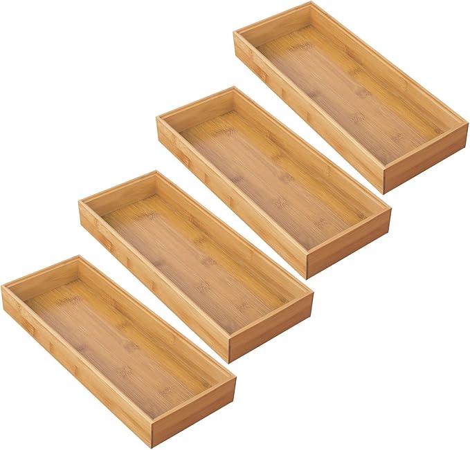 mDesign Wooden Bamboo Drawer Organizer - 15" Long Stackable Storage Box Tray for Kitchen Drawers/Cabinet - Utensil, Silverware, Spatula, and Flatware Holder - Echo Collection - 4 Pack, Natural Wood