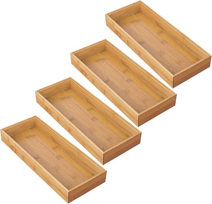 mDesign Wooden Bamboo Drawer Organizer - 15" Long Stackable Storage Box Tray for Kitchen Drawers/Cabinet - Utensil, Silverware, Spatula, and Flatware Holder - Echo Collection - 4 Pack, Natural Wood