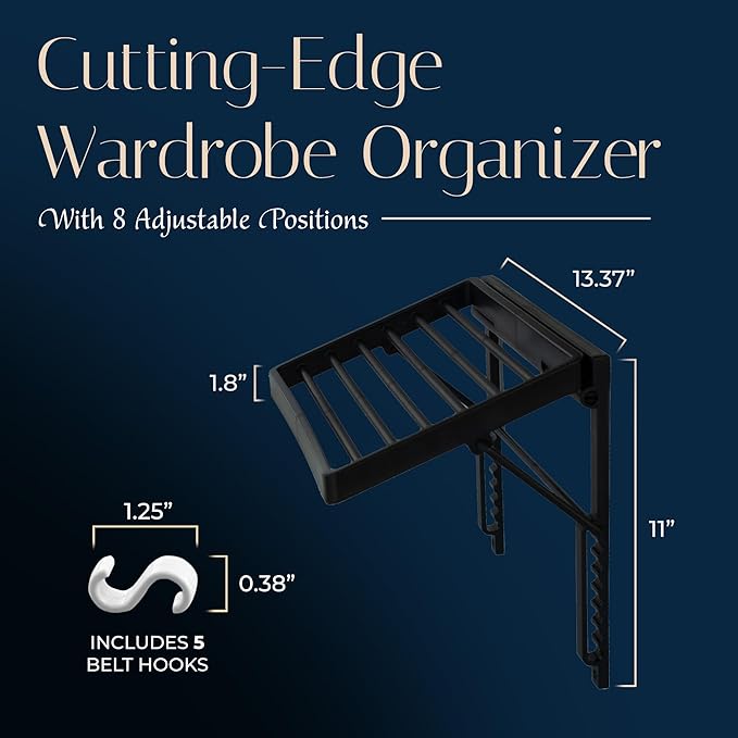 TieMaster Tie Rack and Scarf Organizer, Battery-Free Design, Holds 60 Ties and Scarves with 5 Belt Hooks, Easy Installation, Wall Mounted Tie Organizer, Luxury Gift for Men & Women