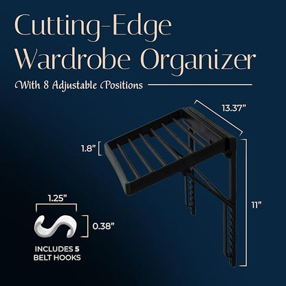 TieMaster Tie Rack and Scarf Organizer, Battery-Free Design, Holds 60 Ties and Scarves with 5 Belt Hooks, Easy Installation, Wall Mounted Tie Organizer, Luxury Gift for Men & Women