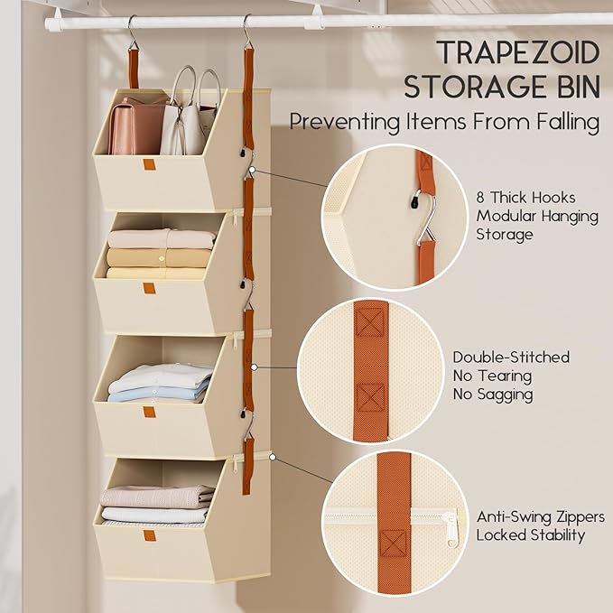 Homsorout Hanging Closet Organizer 4 Tier - Clothes Hanging Shelves, Space-Saving Closet System, Fabric Storage Bins Bedroom Organization, Collapsible Baskets for Home, Dorm, Rv, Beige, 8 Pack