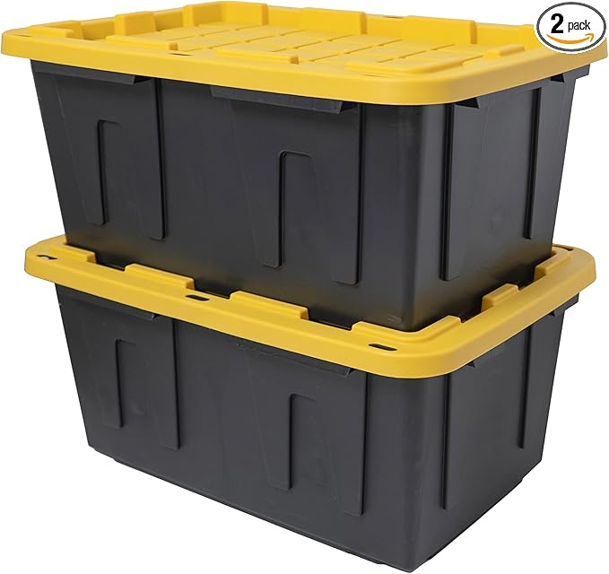 CX BLACK & YELLOW 27-Gallon Heavy Duty Storage Bins with Lids, Stackable Plastic Storage Bins with Weather-Resistant Design, Home Organization, 2 Pack (14.3H x 20.6W x 30.6D)