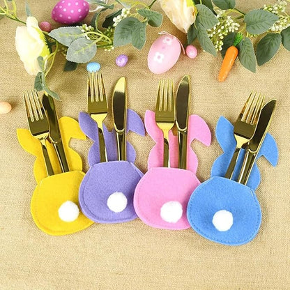 Easter Bunny Cutlery Bags Flatware Holder Bunny Shape Silverware Felt Utensil Cutlery Holders Pouch Bags Utensil Sleeve Pockets for Spring Birthday Table Place Settings Tableware Party Supplies 8Pcs