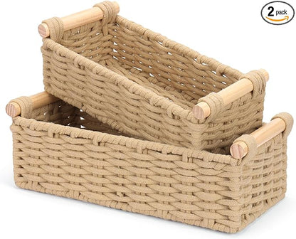 Boho Cotton Rope Storage Baskets Set of 2, Woven Wicker Organizer Bins with Wooden Handles, Small Decorative Boxes for Organizing, Toilet Paper Baskets for Bathroom Countertop, Shelves (Brown 2 Pack)