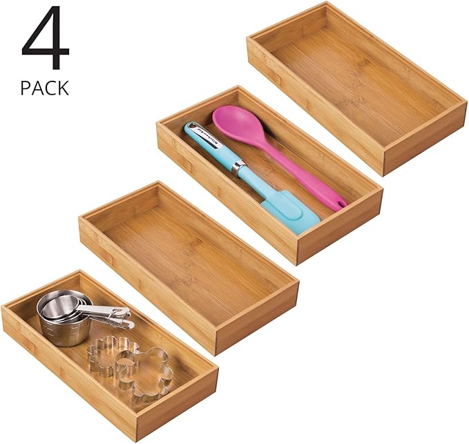mDesign Wooden Bamboo Drawer Organizer - 12" Long Stackable Storage Box Tray for Kitchen Drawers/Cabinet - Utensil, Silverware, Spatula, and Flatware Holder - Echo Collection - 4 Pack, Natural Wood