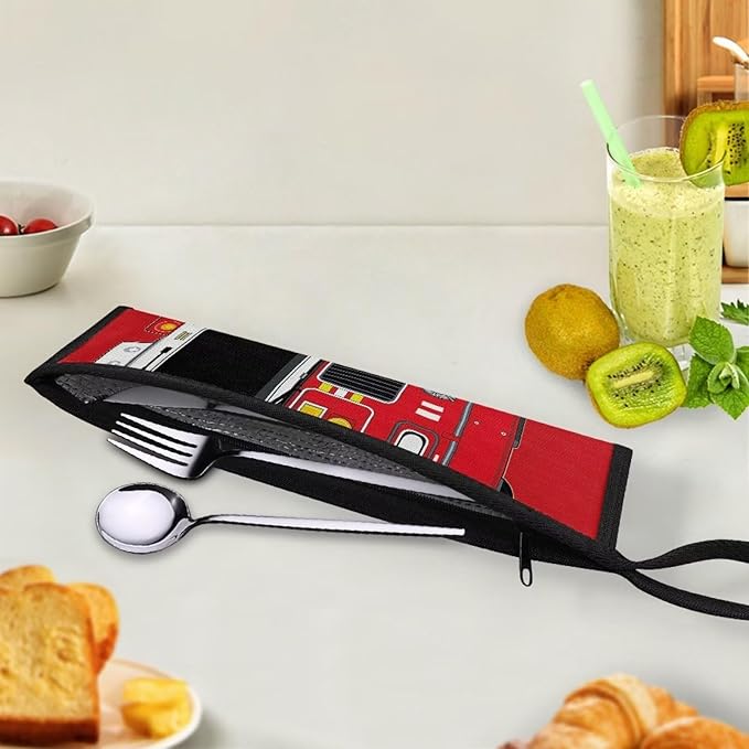 COEQINE Car Themes Travel Silverware Case Red Fire Truck Cartoon Flatware Organizer Case With Zipper Portable Handles Travel Frok Spoon Knife Case for Work