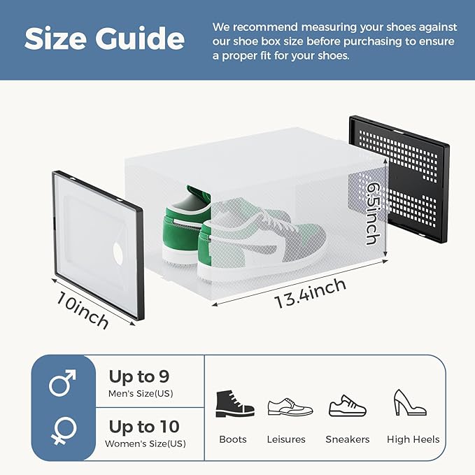 DUMOS Shoe Storage Boxes, 12-Pack Stackable Clear Shoe Containers with Lids, Display Sneaker Case Organizer for Closet, Under Bed, Entryway, Black, Fit Size 11