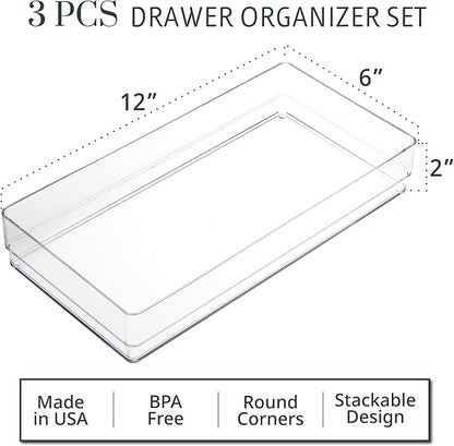 STORi SimpleSort 3-Piece Stackable Clear Drawer Organizer Set | 12" x 6" x 2" Rectangle Trays | Wide Makeup Vanity Storage Bins and Office Desk Drawer Dividers | Made in USA