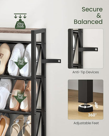 CHOEZON Shoe Rack, 5-Tier Slanted Shoe Rack, Narrow Shoe Storage Shelf, Slim Shoe Organizer for Entryway, Space-Saving, Wooden Top and Metal Frame, for Entryway, Hallway, Greige and Black TXJ03BG