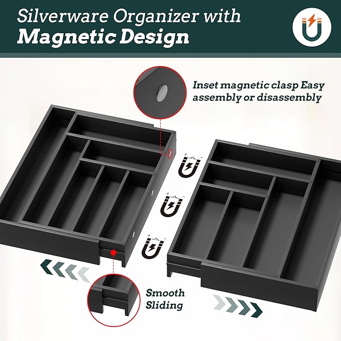 Silverware Organizer Large, Magnetic Connected Expandable 13 Slots Silverware Drawer Organizer From 21 to 37.4 Inches, Adjustable Flatware and Cutlery Holder, Bamboo Utensil Tray for Kitchen Black