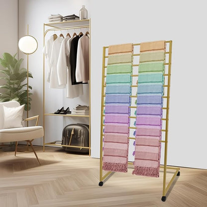 Gold Scarf Display Stand Rolling 10-Tier Scarf Hanger Stand Metal Scarf Holder Organizer with Wheels Freestanding Scarf Rack for Clothing Store Shop Home Bedroom Tie Pants Organization, Gold