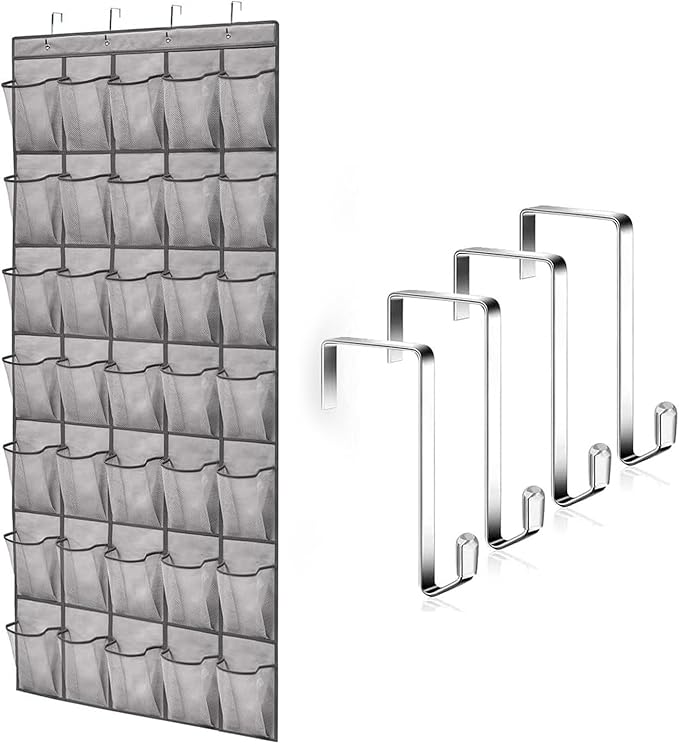 35 Large Pockets Over The Door Shoe Organizer – Sturdy Oxford Fabric Hanging Shoe Rack with Mesh Pockets, Door Shoe Rack with 4 Metal Hooks, Space-Saving Shoe Holder for Closet, Gray